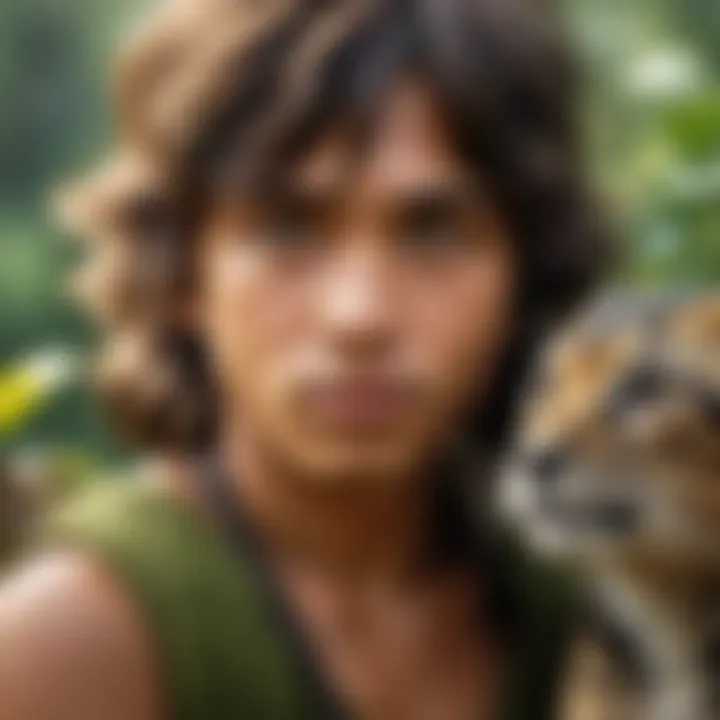 An illustration of Mowgli with his animal friends