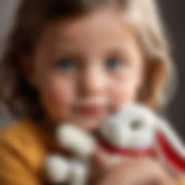 A close-up of a child joyfully holding a toy rabbit with a thoughtful expression