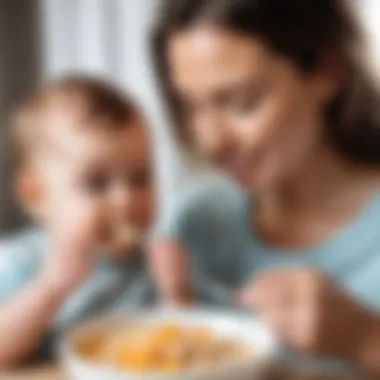 A nurturing scene of a parent gently feeding their baby with a spoon, emphasizing the bonding moment.