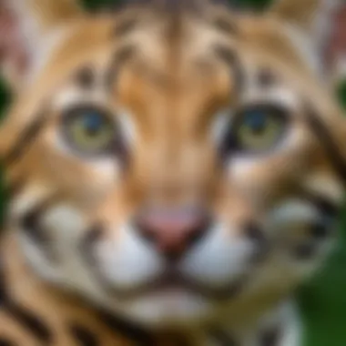 A close-up view of an ocelot's striking face, highlighting its captivating eyes and unique markings.