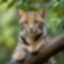 An ocelot lounging gracefully on a tree branch, showcasing its distinctive coat pattern.