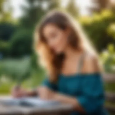 A serene outdoor space with a girl writing in her diary