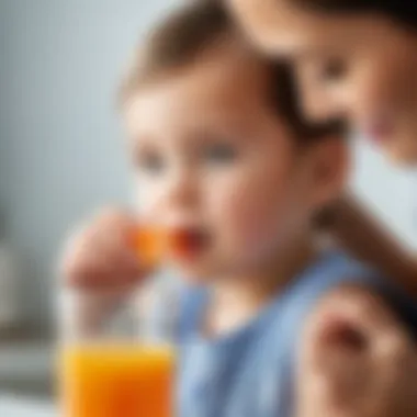 A caring parent administering liquid vitamin A to a child