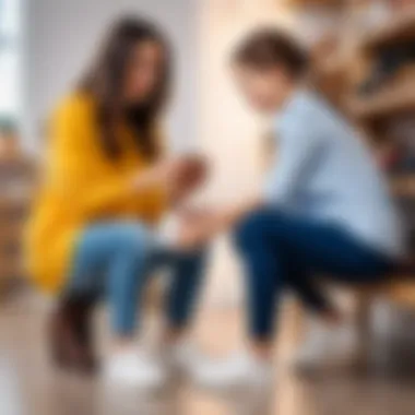 A parent assisting a child in trying on new shoes.