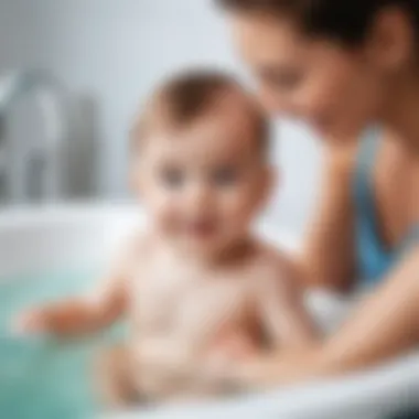 A parent carefully bathing a baby in a bathtub.