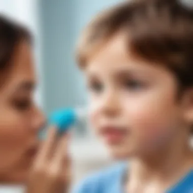 A parent helping a child use Aqualor nasal spray