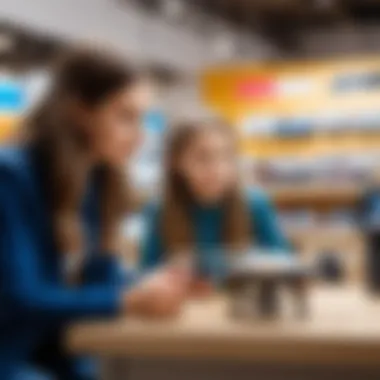 A parent and child examining a drone model in a store