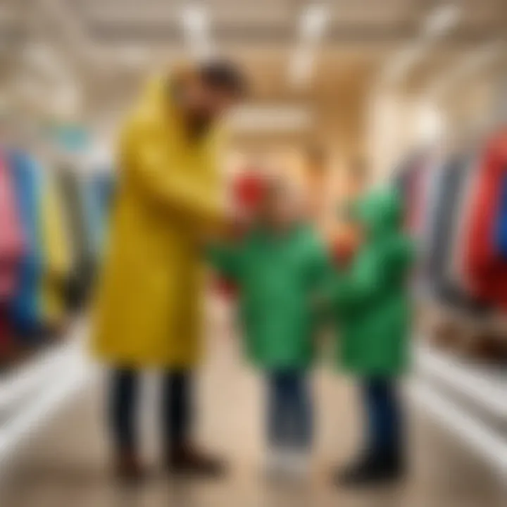 A parent choosing a raincoat for their child at a shop