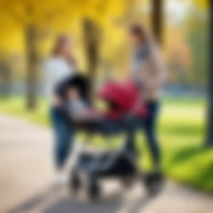 A parent pushing a stroller in a park