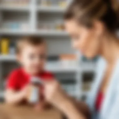 A parent reading a label on a vitamin supplement bottle