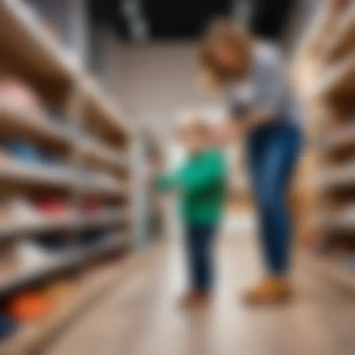 A parent selecting the right size of shoes for a child