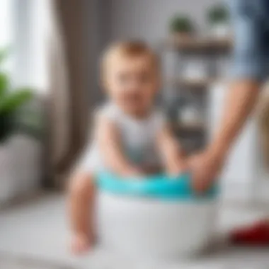 Parent presenting a colorful potty to their toddler