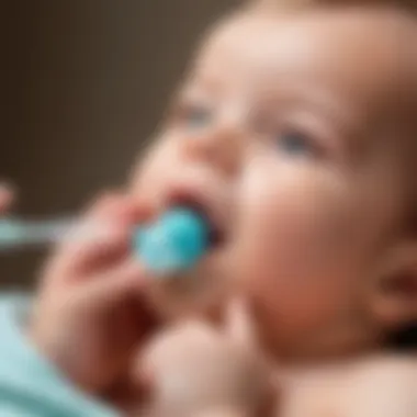 A parent using a nasal aspirator on a newborn with care