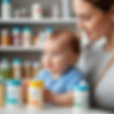 Mother holding baby with formula bottles in the background