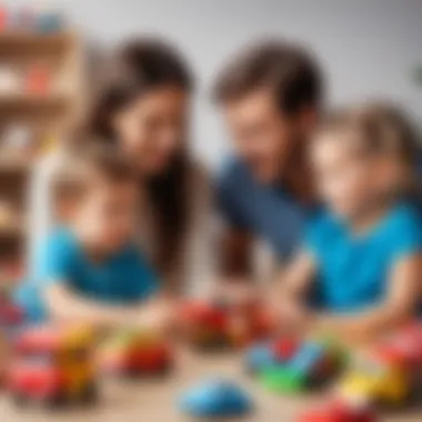 Parents and Children Exploring Toy Options Parents interacting with children while choosing toys
