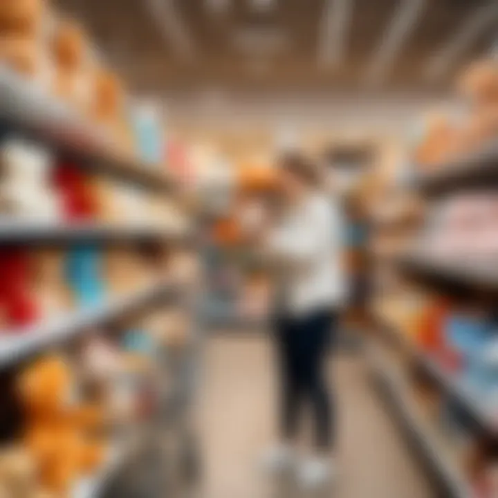 Parents selecting plush toys for their children in a store