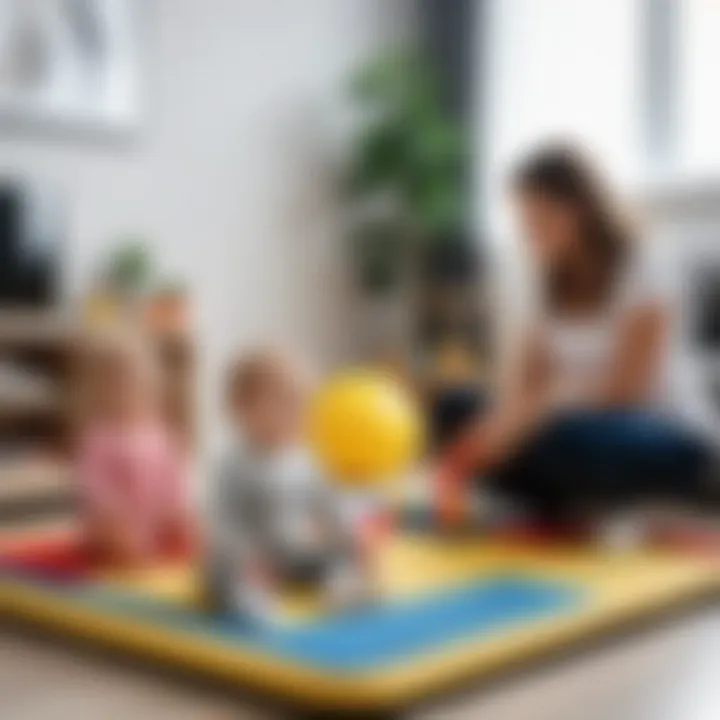 Parents observing their toddler playing on a soft, safe play mat