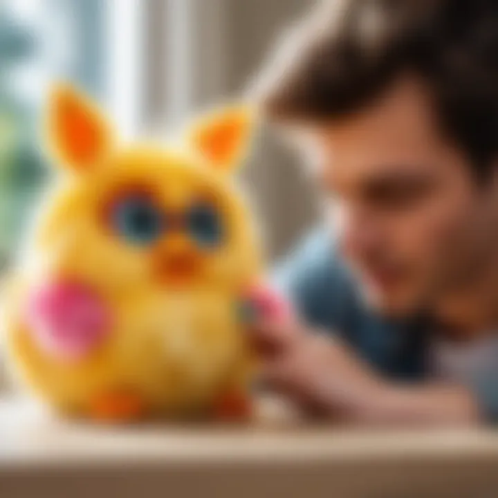 Parents observing their child interacting with Furby.