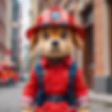 Character of Marshall from Paw Patrol exhibiting firefighting gear