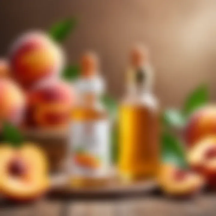 A bottle of peach oil alongside natural ingredients