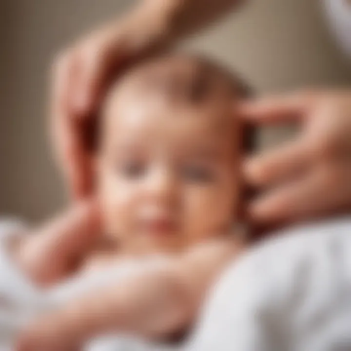 A serene baby enjoying a soothing massage with peach oil