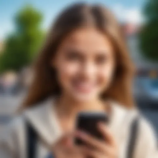 A young girl enjoying her smartphone outdoors, smiling.