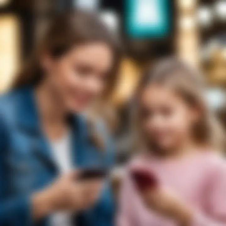 A girl and her parent discussing mobile phone options together.