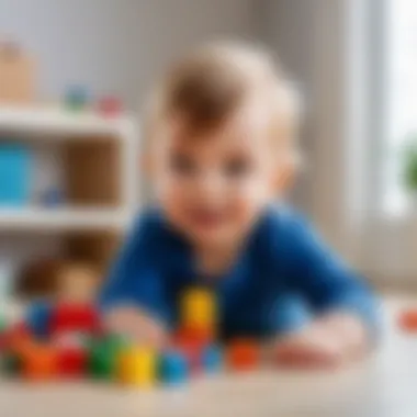 A toddler engaged in imaginative play with colorful building blocks