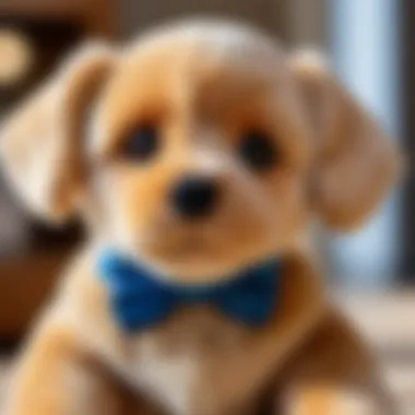 Close-up of a plush toy dog, emphasizing its educational features and safety attributes.