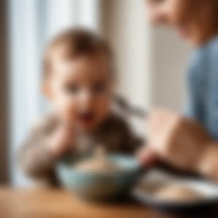 A parent feeding an infant with a spoon, focusing on a joyful expression