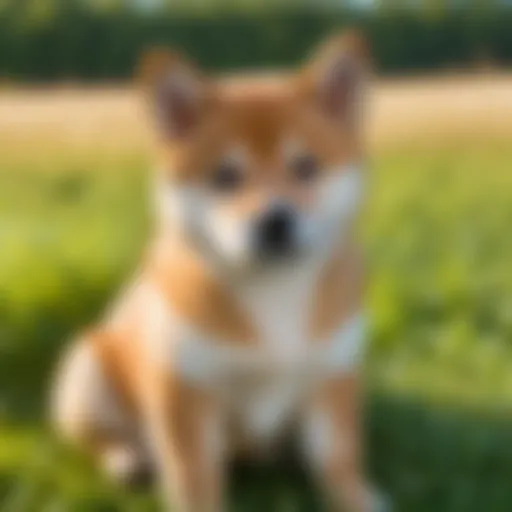 Adorable Shiba Inu puppy sitting on a grassy field