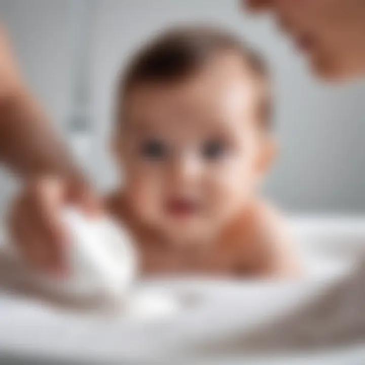 A parent applying baby powder to their infant after a bath.