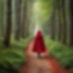 A mystical forest setting representing the journey of Little Red Riding Hood.