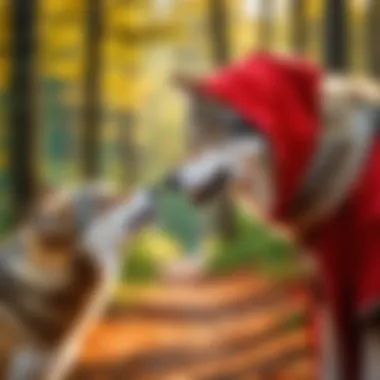 An illustration of Little Red Riding Hood meeting the wolf, highlighting trust and naivety.