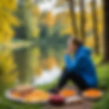 A tranquil environment with a person engaging in deep reflection about their dreams, surrounded by nature and snacks.