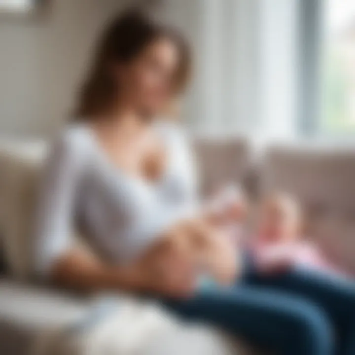 A mother relaxing while using a manual breast pump in a cozy environment