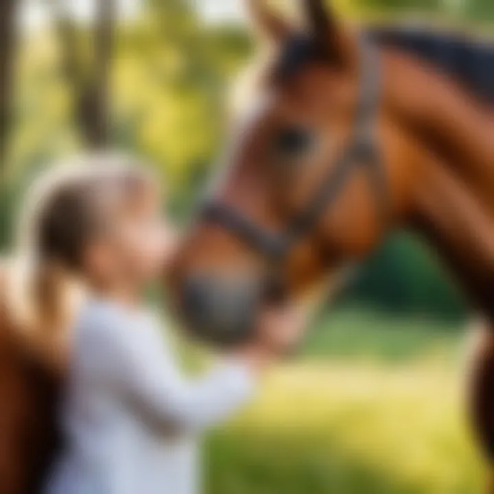 Child bonding with a horse in a natural setting