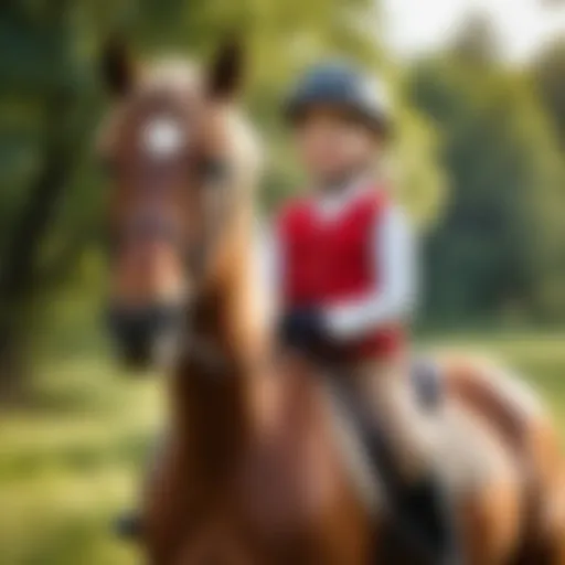 Child riding a horse in a serene environment