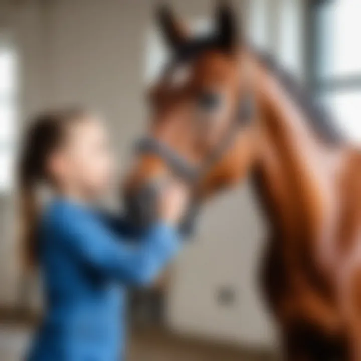 Young child grooming a horse with care