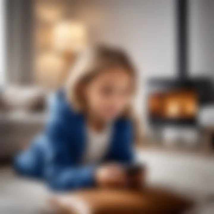 A child exploring a Samsung smartphone in a cozy living room setting