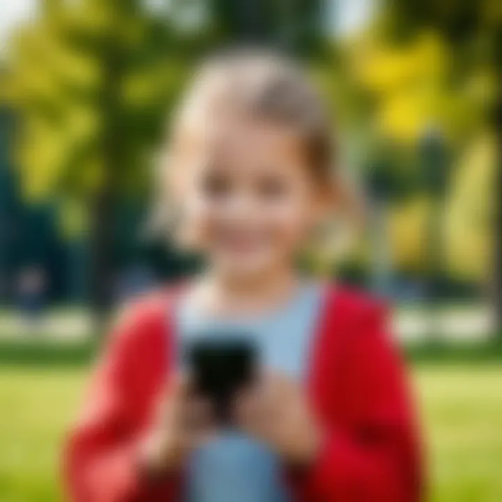 A child joyfully using a Samsung smartphone in the park