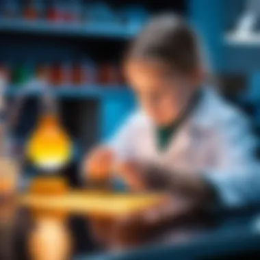 A scientist examining luminous materials under laboratory conditions.