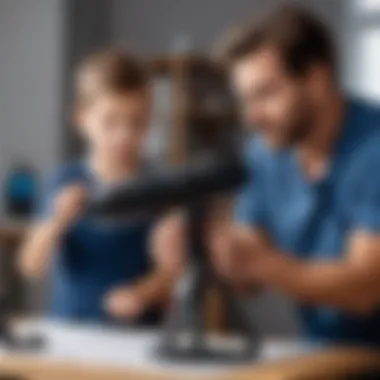 Parents assisting a child in assembling a telescope