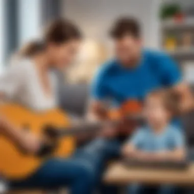 Parents teaching children guitar