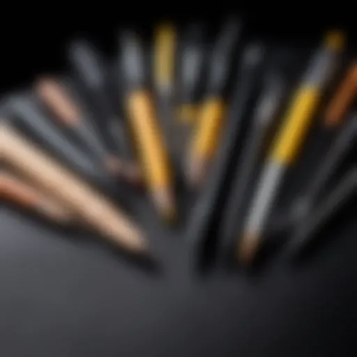 Artistic tools arranged for sketching on black paper