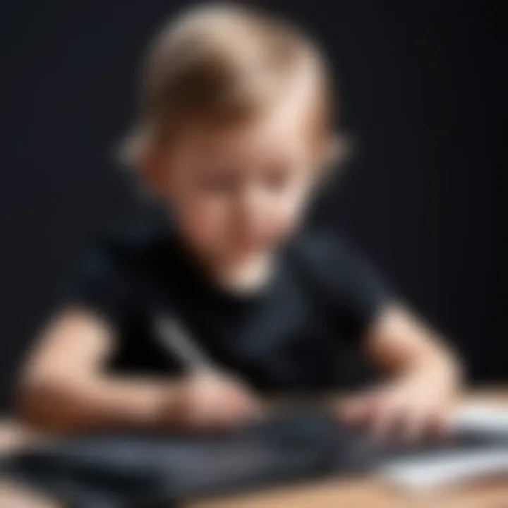 A child exploring artistic expression in a black paper sketchbook