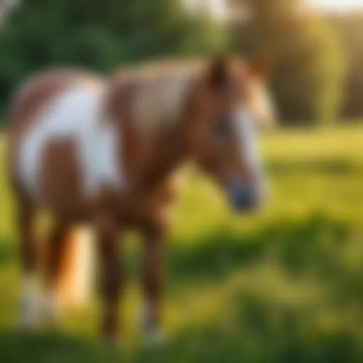 A beautiful small pony grazing in a lush green meadow