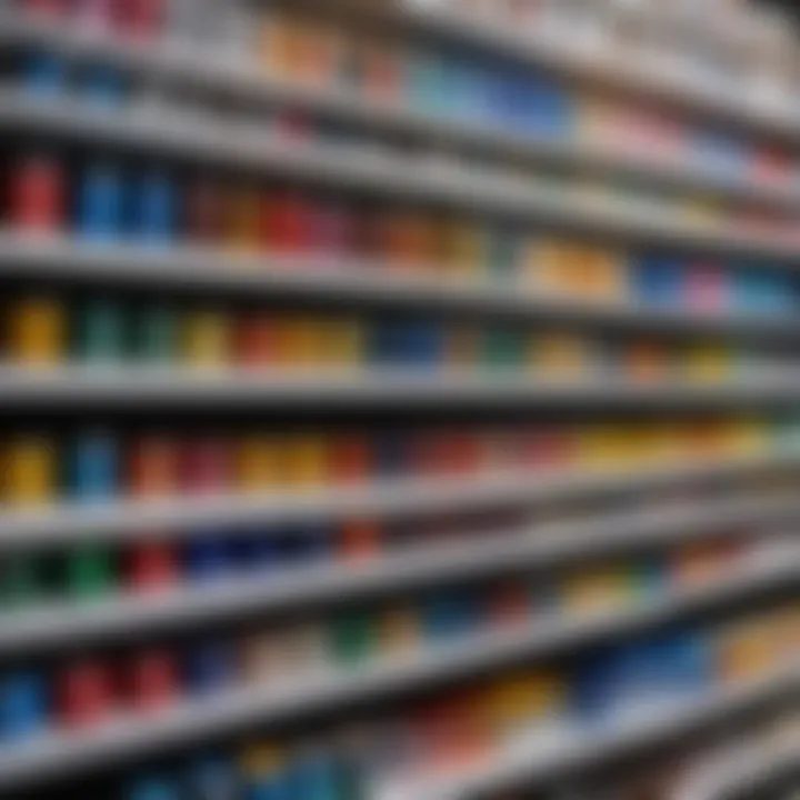 A variety of gouache paint tubes displayed on a shelf