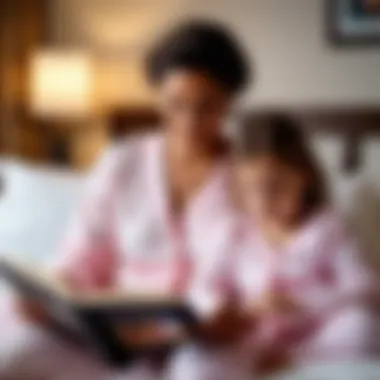 A parent reading a bedtime story to a child in pajamas