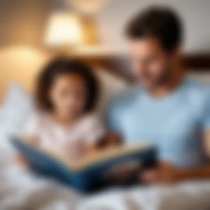 A parent reading a storybook to a child in bed